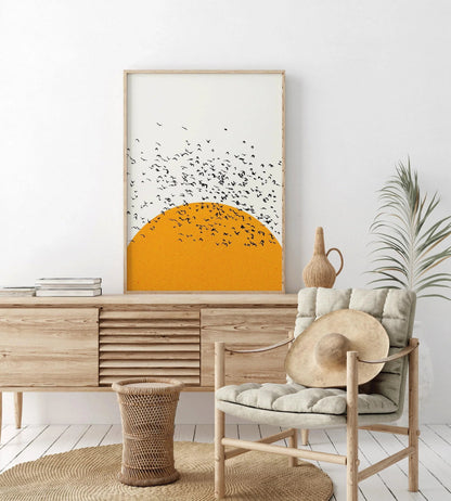 Impression Giclée Oiseaux au Coucher du Soleil : Art Rétro Minimaliste, Option Encadrée à la Main