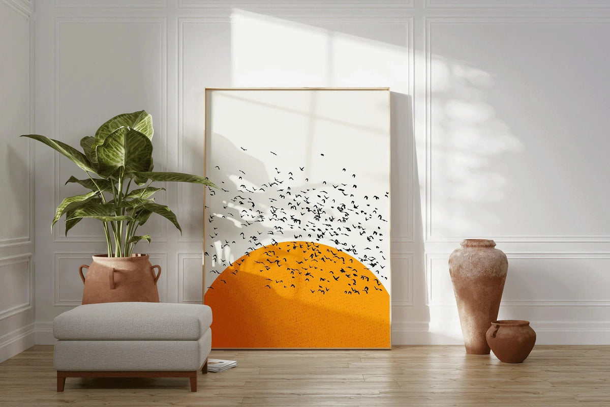 Impression Giclée Oiseaux au Coucher du Soleil : Art Rétro Minimaliste, Option Encadrée à la Main