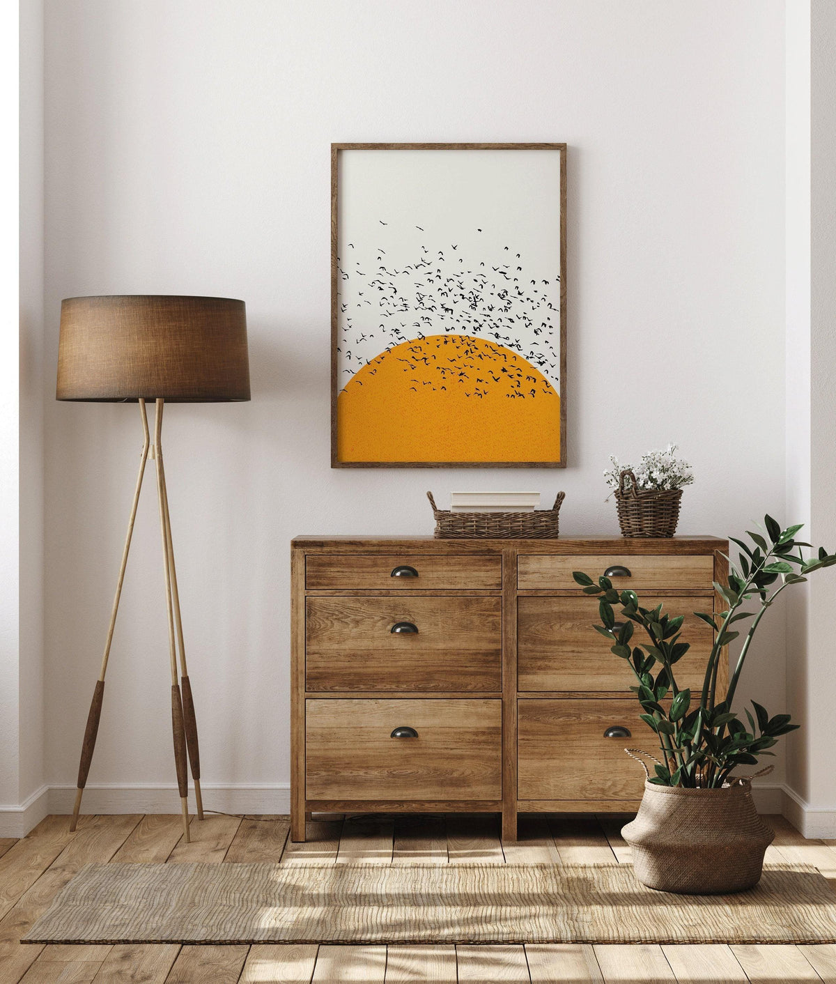Impression Giclée Oiseaux au Coucher du Soleil : Art Rétro Minimaliste, Option Encadrée à la Main