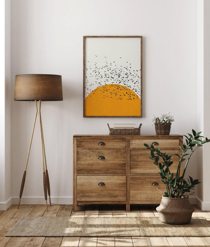Impression Giclée Oiseaux au Coucher du Soleil : Art Rétro Minimaliste, Option Encadrée à la Main