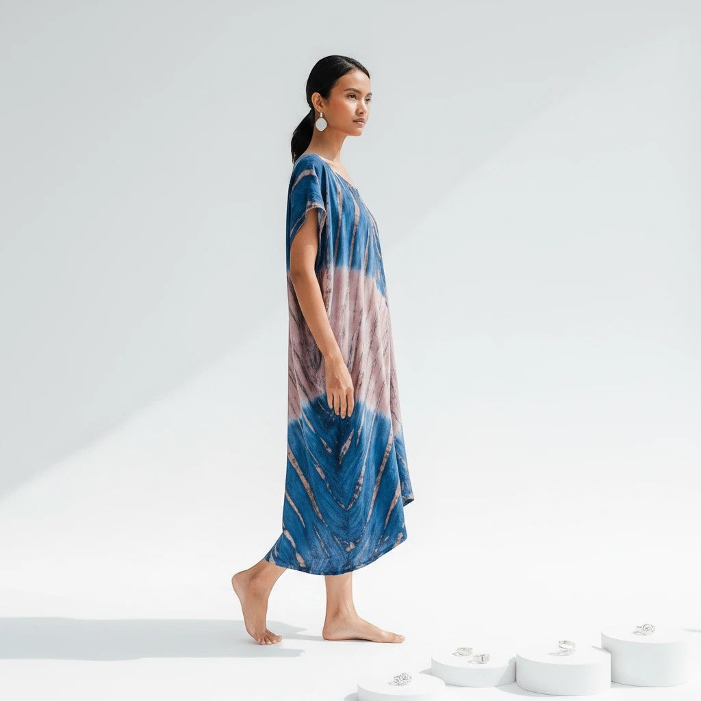 Tie Dye Kaftan Beach Dress - Blue & Pink