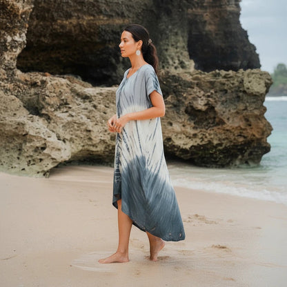 Robe Kaftan Tie Dye Ombré Lapis – Crème et Gris