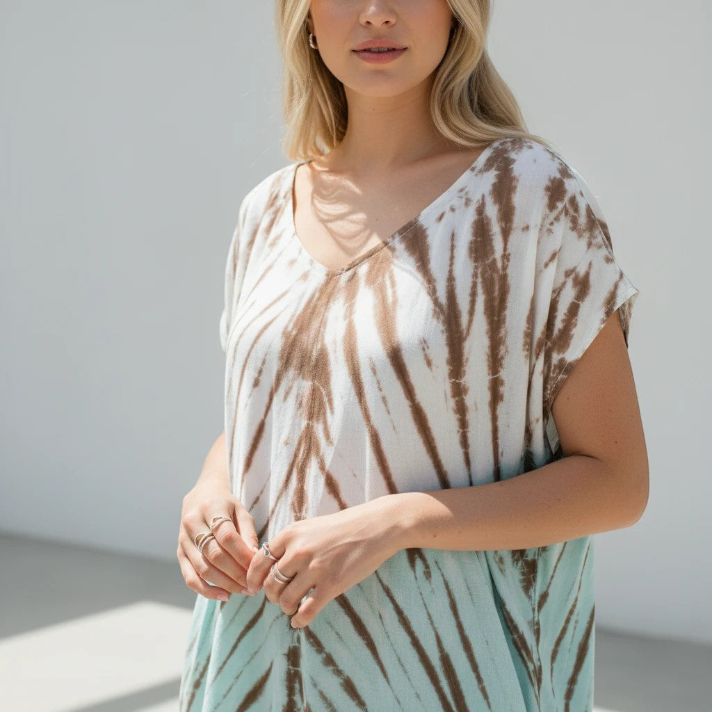 Tie Dye Lapis Ombre Kaftan Dress - Mint & Brown