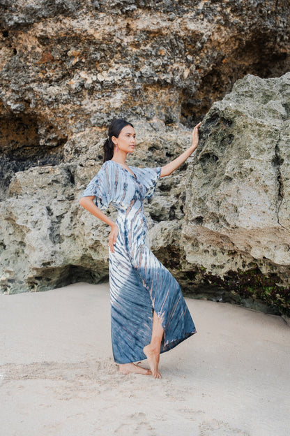Robe longue Tie Dye Ombre en Lapis - Crème et Gris