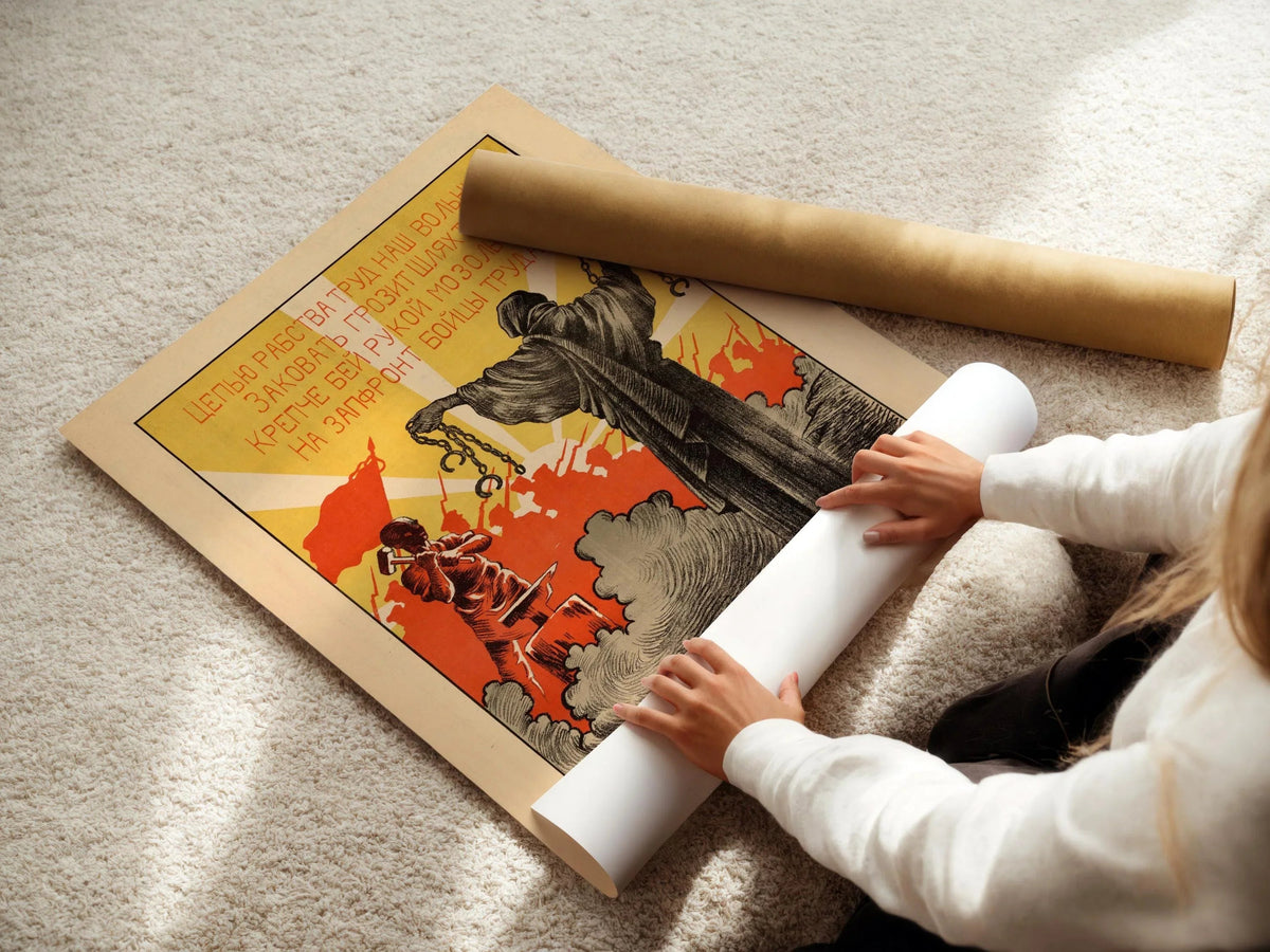 To the front, fighters of labor ‚Äì Striking Red and Yellow Soviet Propaganda Poster | Vintage Communist Revolution Print (available framed)