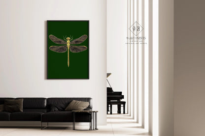 Impression d'art Libellule dorée : Style académique foncé vert émeraude