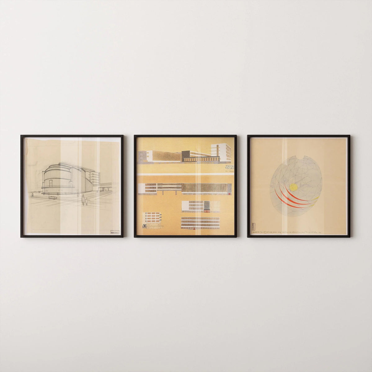 Walter Gropius STATEMENT TRIO| Vintage Bauhaus Building Sketch Posters | available framed 1x1