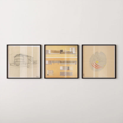 Walter Gropius STATEMENT TRIO| Vintage Bauhaus Building Sketch Posters | available framed 1x1