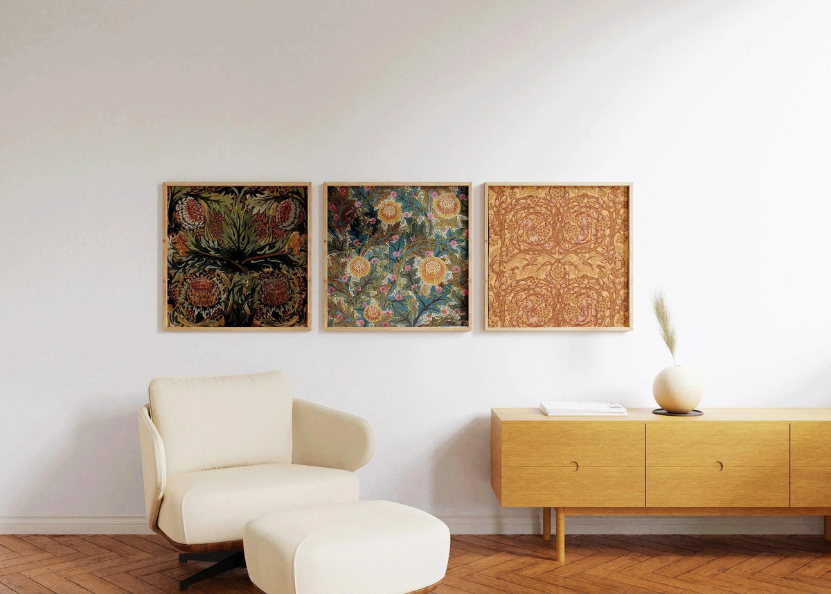 William Morris STATEMENT TRIO Arthur Heygate Mackmurdo| Artichokes Brambles Chrysanthemum & Squirrels available framed 1x1