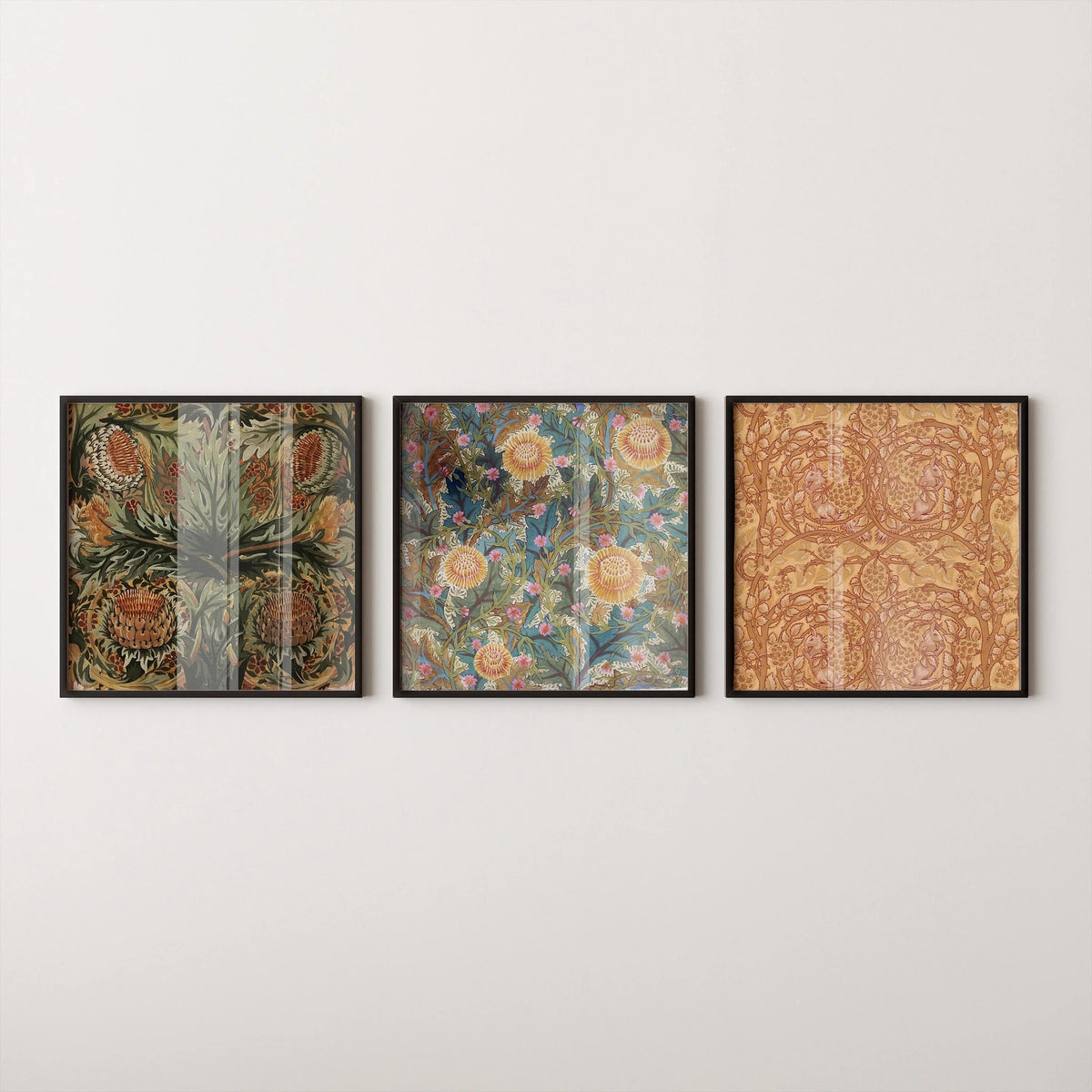 William Morris STATEMENT TRIO Arthur Heygate Mackmurdo| Artichokes Brambles Chrysanthemum & Squirrels available framed 1x1
