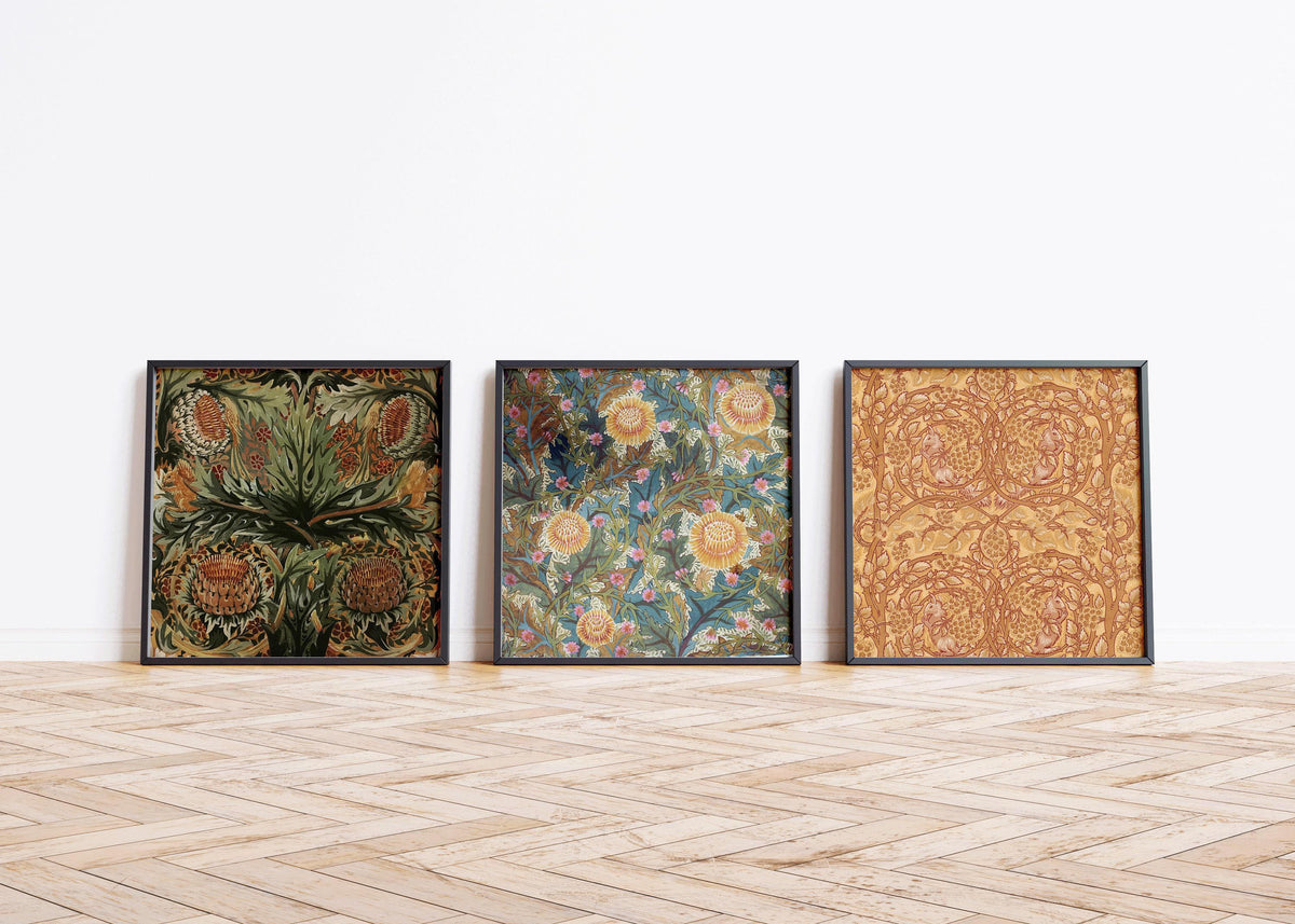 William Morris STATEMENT TRIO Arthur Heygate Mackmurdo| Artichokes Brambles Chrysanthemum & Squirrels available framed 1x1