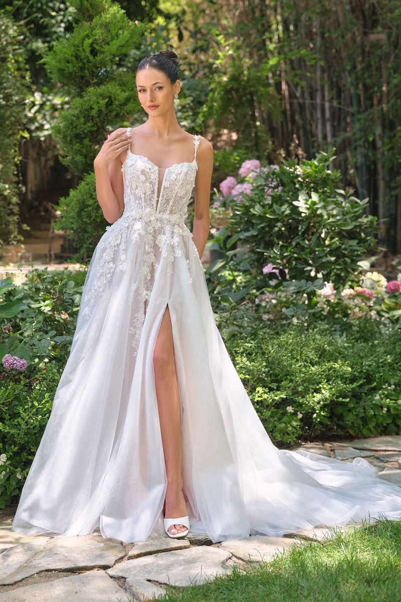 Floral lace appliqué over layered tulle